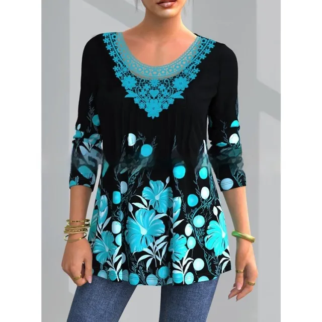 Women's Plus Size Long Sleeve Lace Autumn Loose Top T shirt Light Blue - Shop at LoveMi