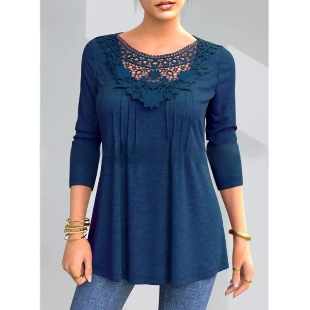 Women's Plus Size Long Sleeve Lace Autumn Loose Top T shirt Blue - Shop at LoveMi