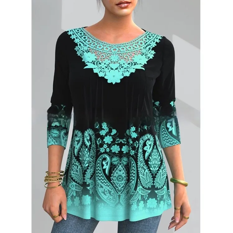 Women's Plus Size Long Sleeve Lace Autumn Loose Top T-shirt - Green