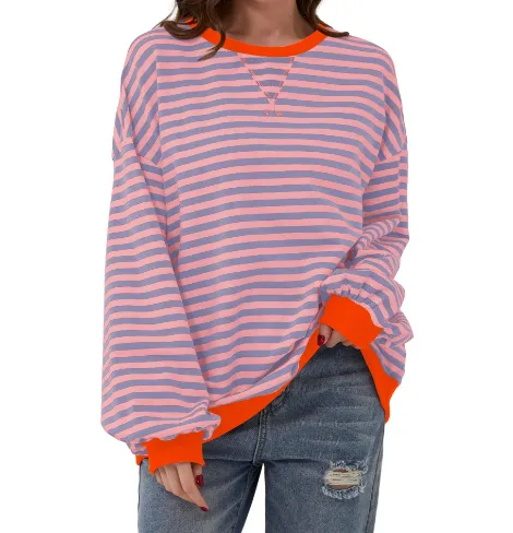 Women's Striped Embroidered Stitching Color inserted Pullover Sweater Aurantium - Shop at LoveMi