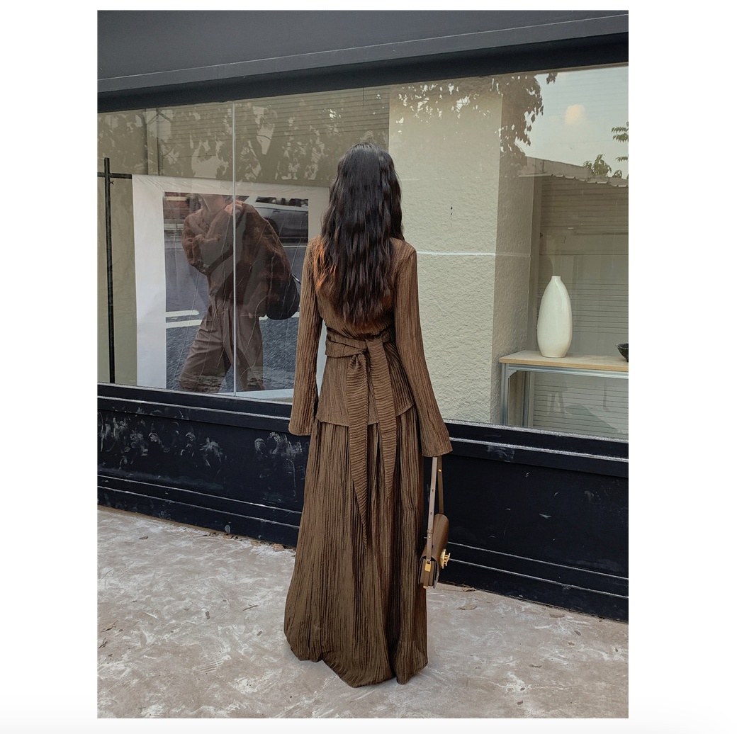 Collar Pleated Cardigan Top Loose High Waist Skirt Slim Fit Slimming Suit Autumn