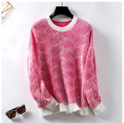 Round Neck Striped Contrast Color Casual Fashion All-matching Knitted Sweater - Rose Red