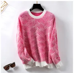 Round Neck Striped Contrast Colour Casual Fashion All-matching Knitted Sweater - Red - View 1