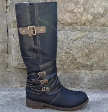 Knight boots female round head low heel square heel Black - Shop at LoveMi
