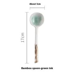 Restaurant Home Kitchen Utensils Creative Retro Ceramic Long Handle Spoon - Green Ink Bamboo Spoon - View 1