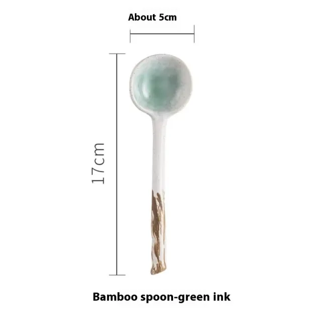 Restaurant Home Kitchen Utensils Creative Retro Ceramic Long Handle Spoon Green Ink Bamboo Spoon - Shop at LoveMi