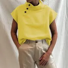 Large Women'S Sleeveless Shirt Solid Slim Collar Shirt Yellow - Shop at LoveMi