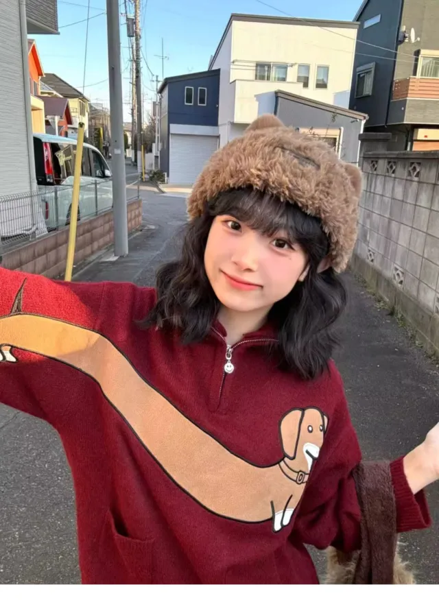 Vintage Sweater Women's Sausage Dog Loose Lapel Knitted Top Red - Shop at LoveMi