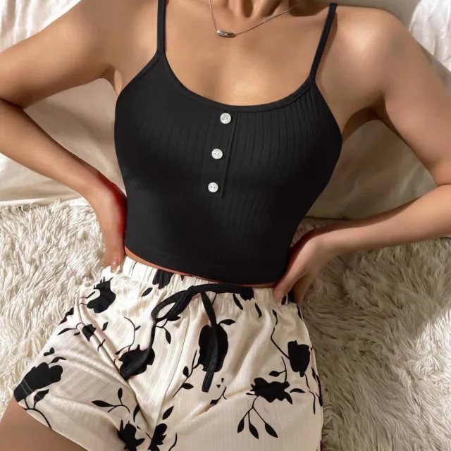 Ladies' Homewear Heart Printing Suspender Shorts Black - Shop at LoveMi
