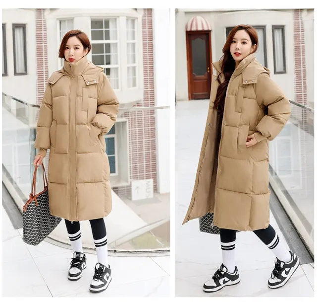 Long Over the knee Cotton padded Coat Women's Loose Down Cotton padded Jacket Khaki - Shop at LoveMi
