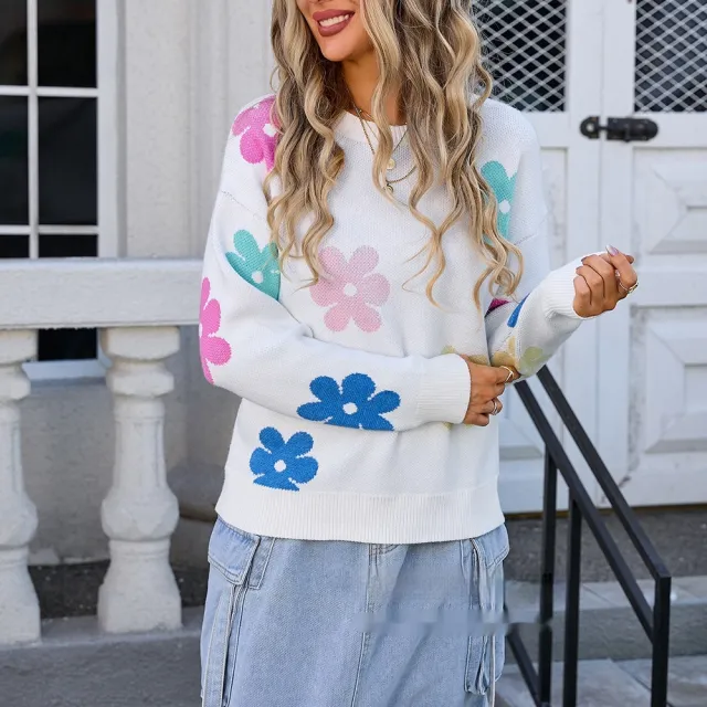 Women's Sweater Flowers Color block Crew Neck White - Shop at LoveMi