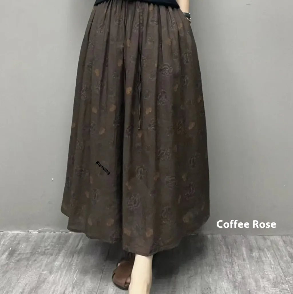 Ramie Printed Skirt Women Big Swing Art - Coffee Rose - View 1