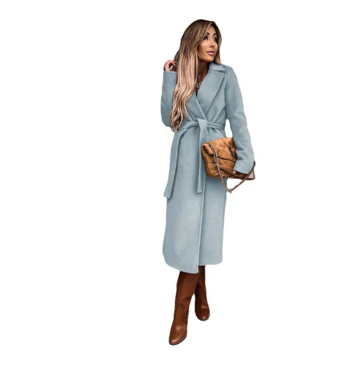 Woolen Coat Simple Fashion V neck Lace Up Long Coat For Women Blue - Shop at LoveMi