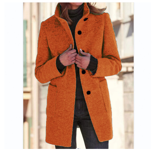 Fashion Stand Collar Woolen Coat With Pockets Fall Winter Casual Button Outwear