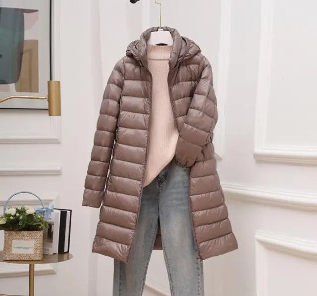 Down Jacket Women's Mid length Hooded Lightweight Warm Detachable Hat Khaki - Shop at LoveMi