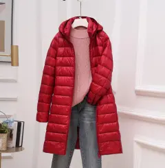Down Jacket Women's Mid-length Hooded Lightweight Warm Detachable Hat - Bright Red - View 1