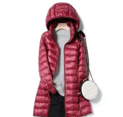 Down Jacket Women's Mid-length Hooded Lightweight Warm Detachable Hat - Wine Red - View 1