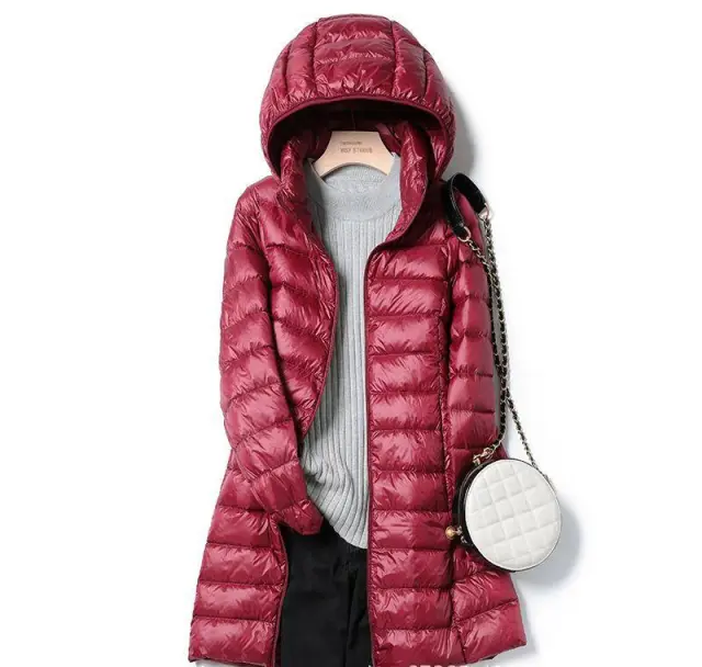Down Jacket Women's Mid length Hooded Lightweight Warm Detachable Hat Wine Red - Shop at LoveMi