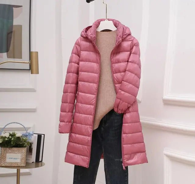Down Jacket Women's Mid length Hooded Lightweight Warm Detachable Hat Pink - Shop at LoveMi