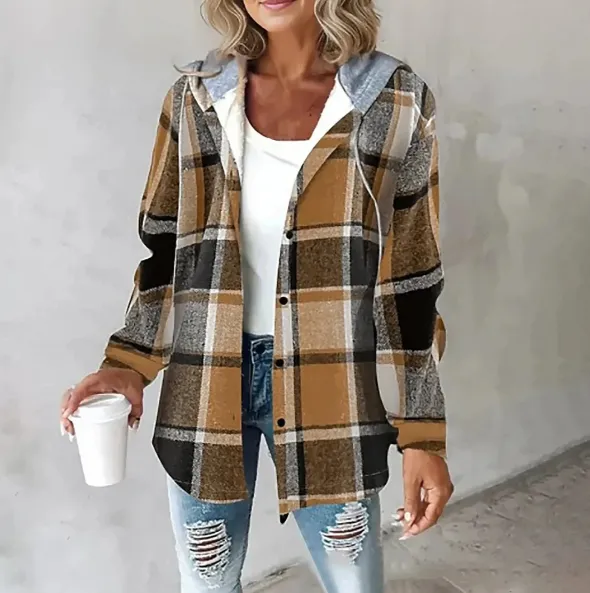 Plaid Hooded Jacket Fashion Casual Button Pocket Coat Autumn And Winter Women's Clothing Brown - Shop at LoveMi
