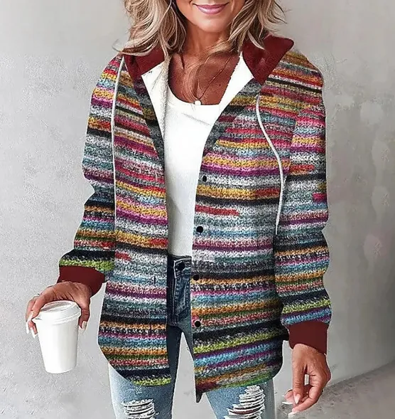 Plaid Hooded Jacket Fashion Casual Button Pocket Coat Autumn And Winter Women's Clothing Rainbow - Shop at LoveMi