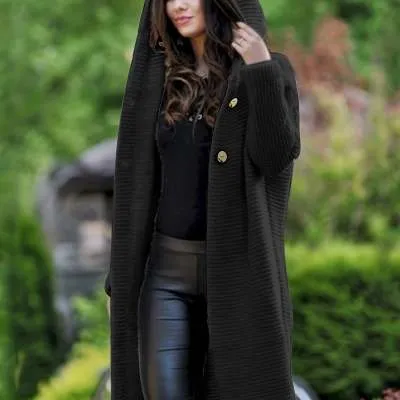 NEW Women's Baggy Cardigan Coat Tops Ladies Chunky Knitted Sweater Jumper Hood - Black