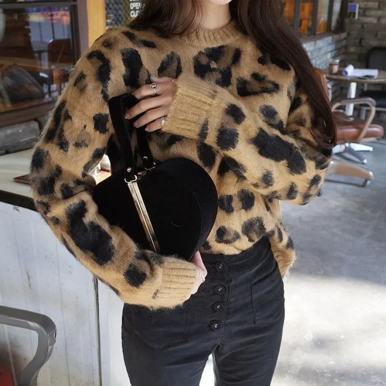 Refined Stylish And Versatile Warm Thick Leopard Print Pullover Sweater - Khaki
