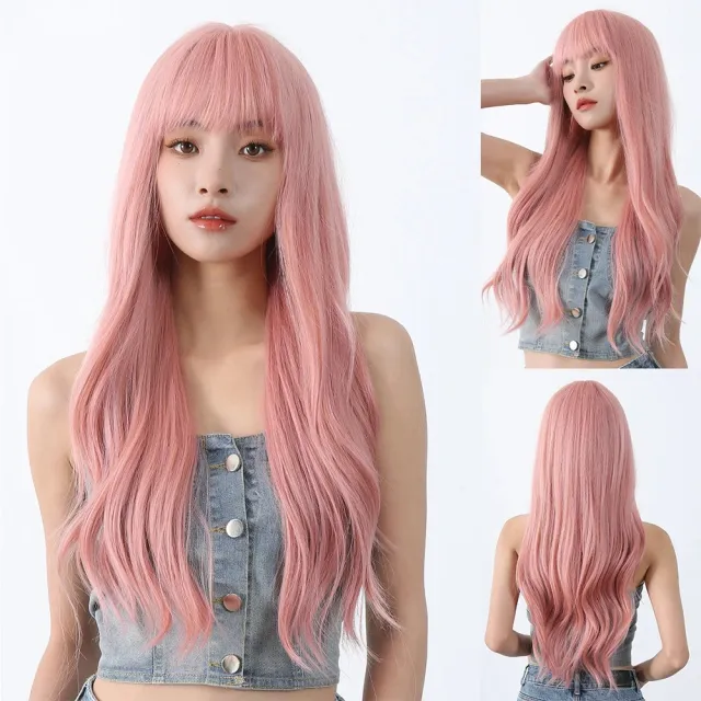 Wig Female Bangs Roller Fluffy Mid length Hair Natural Full head Wig Pink Lc1028 1 - Shop at LoveMi