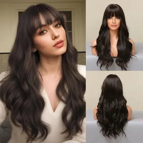 Long Curly Wig Head Cover Natural Black Bangs Big