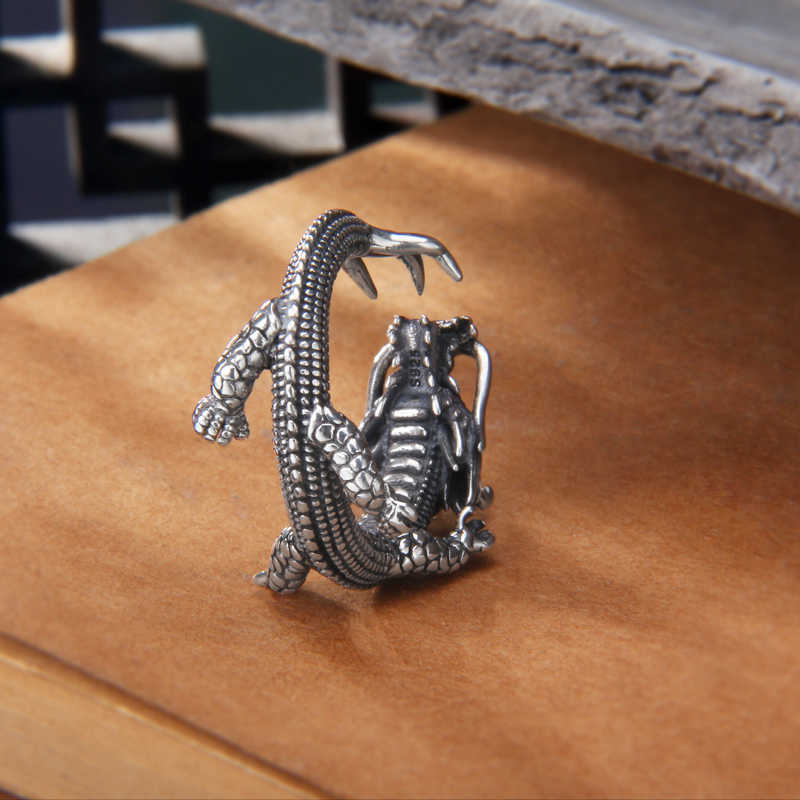 S925 Sterling Silver Distressed Five-claw Red-eye Dragon Ring