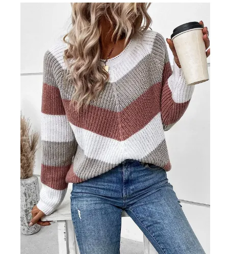 Striped Crew Neck Casual Sweater For Women - Reddish Brown