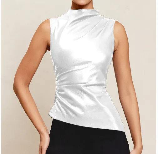 Women's Leather Cascading Collar Waist Slant Short Sleeve White - Shop at LoveMi