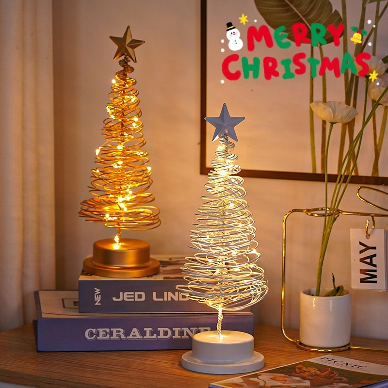 LED Christmas Tree Spiral Light Table Ornament Wrought Iron Xmas Tree Bedroom Desk Lamp Christmas Atmosphere Night Light Decor - CJdropshipping