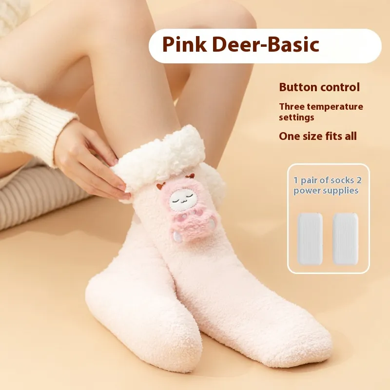 Thickened Fleece Warm Feet Electric Heating Socks - Pink Deer Basic Style