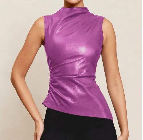 Women's Leather Cascading Collar Waist Slant Short Sleeve Purple - Shop at LoveMi