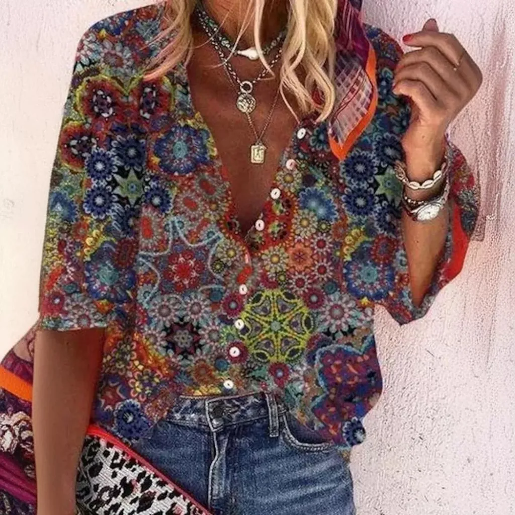 Creative Shading Pattern 3D Printing Home Leisure Short Sleeve V-neck Shirt Women - 4 C243-Xs