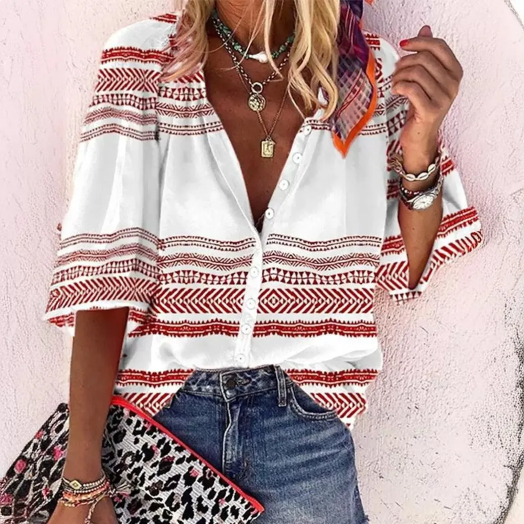 Creative Shading Pattern 3D Printing Home Leisure Short Sleeve V-neck Shirt Women - 2 C243-M