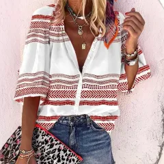 Creative Shading Pattern 3D Printing Home Leisure Short Sleeve V-neck Shirt Women - 2 C243-L - View 1
