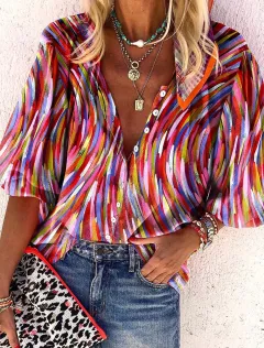 Creative Shading Pattern 3D Printing Home Leisure Short Sleeve V-neck Shirt Women - 5 C243-Xxxl - View 1