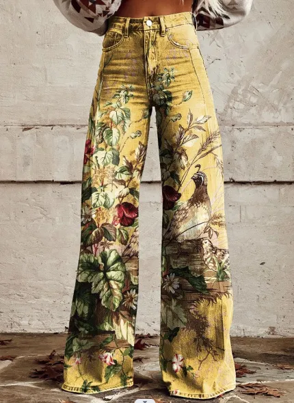 Fashion Women's Printed High Waist Loose Thin Imitation Denim Wide Leg Pants Xq1114Mu 2Xl - Shop at LoveMi