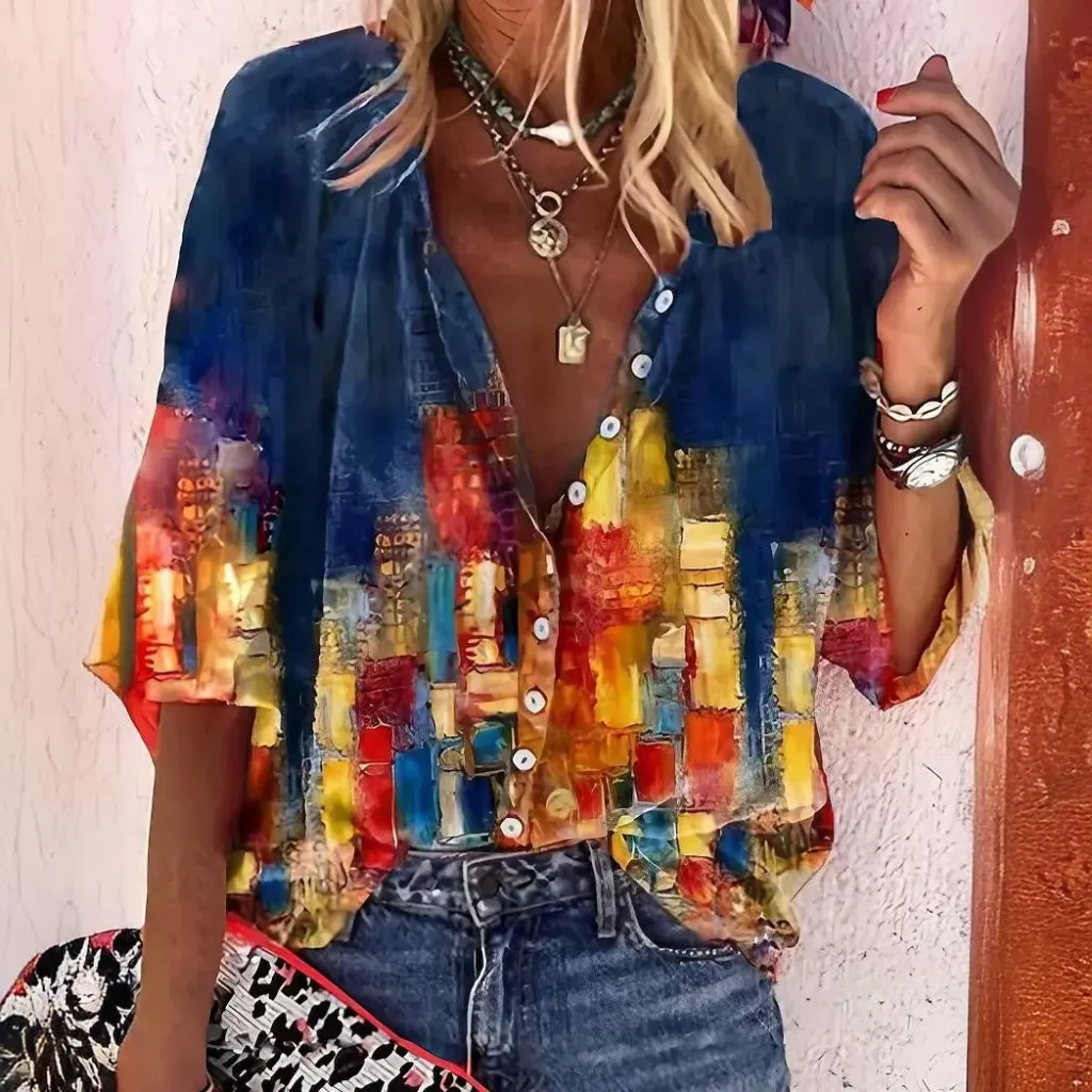 Creative Shading Pattern 3D Printing Home Leisure Short Sleeve V-neck Shirt Women - 3 C243