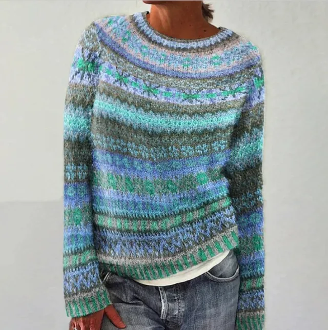 Printed Round Neck Sweater Thick Needle Fabric As7735 Bu - Shop at LoveMi