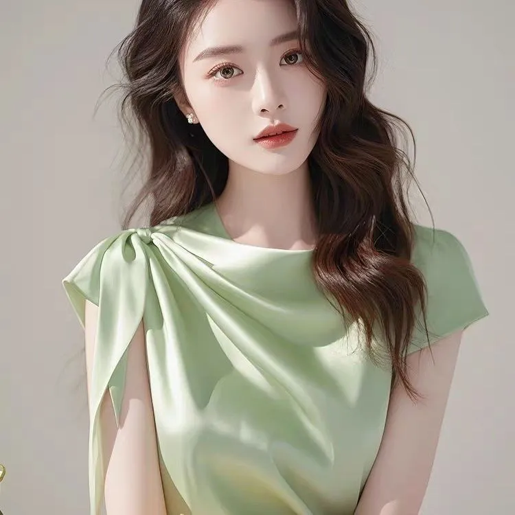 Light Luxury High-end Small Shirt With Tie Up Shirt Top - Green