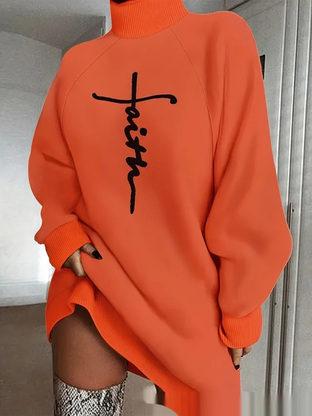 Long Raglan Sleeves Mock Neck Sweater Dress Yl13070J Orange - Shop at LoveMi