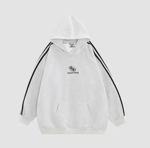 Striped Sweater Heavy Fleece lined Hoodie White Grey - Shop at LoveMi