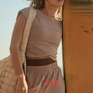 Ladies Two piece Set Solid Color Casual Suit Short Sleeveless Top Sweatpants Khak Suit - Shop at LoveMi