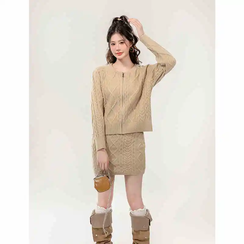 Long Sleeve Knitted Sweater Short Coat Short Skirt Suit - Khaki