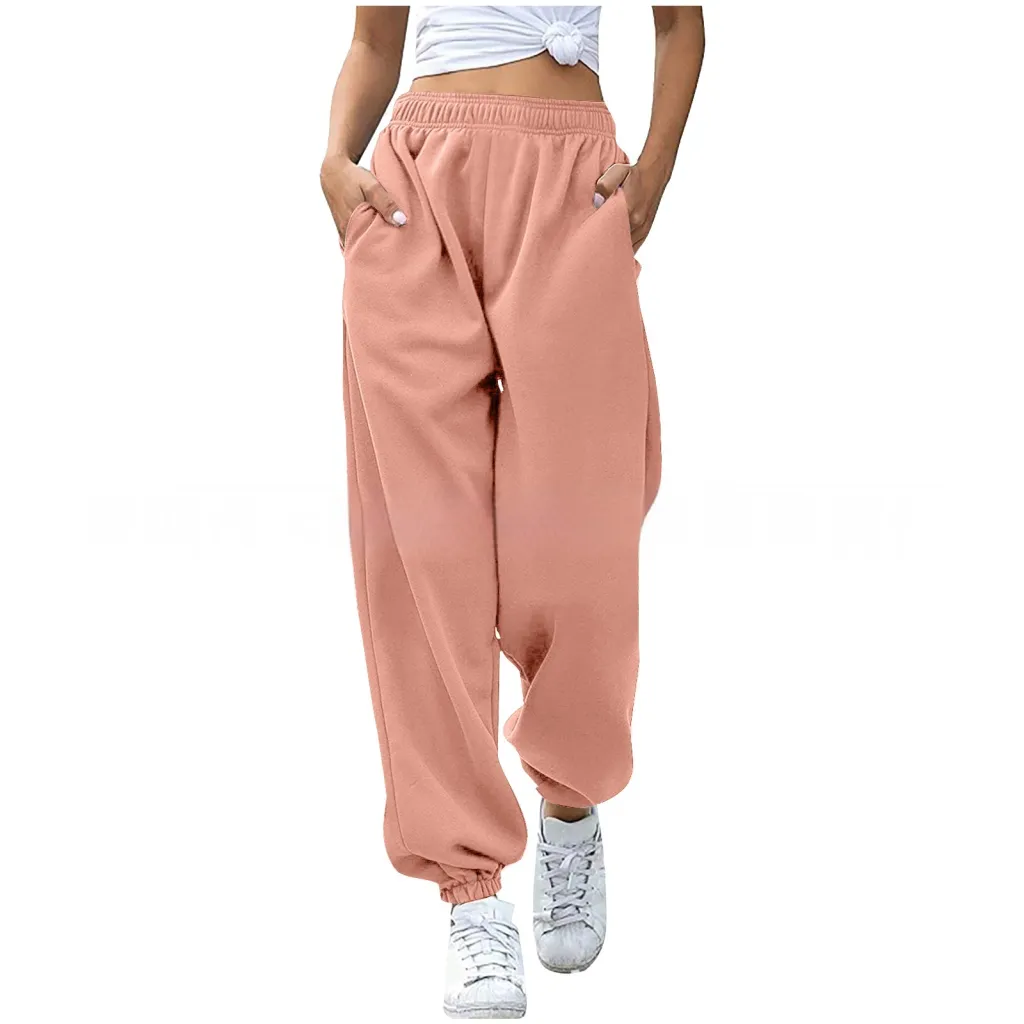 Women's Casual High Waisted Loose Sports Pants - Skin Color-S