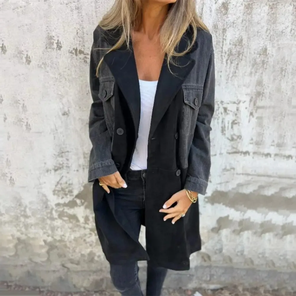 Women's Suit Collar Denim Stitching Mid-length Coat - Black