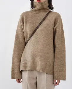 Loose Turtleneck Sweater With Warm Solid Color Underwear In Winter - Cashmere